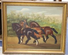 English School, oil on canvas, Naive study of rider leading three Shire horses and a groom, 64 x 80cm. Condition - fair